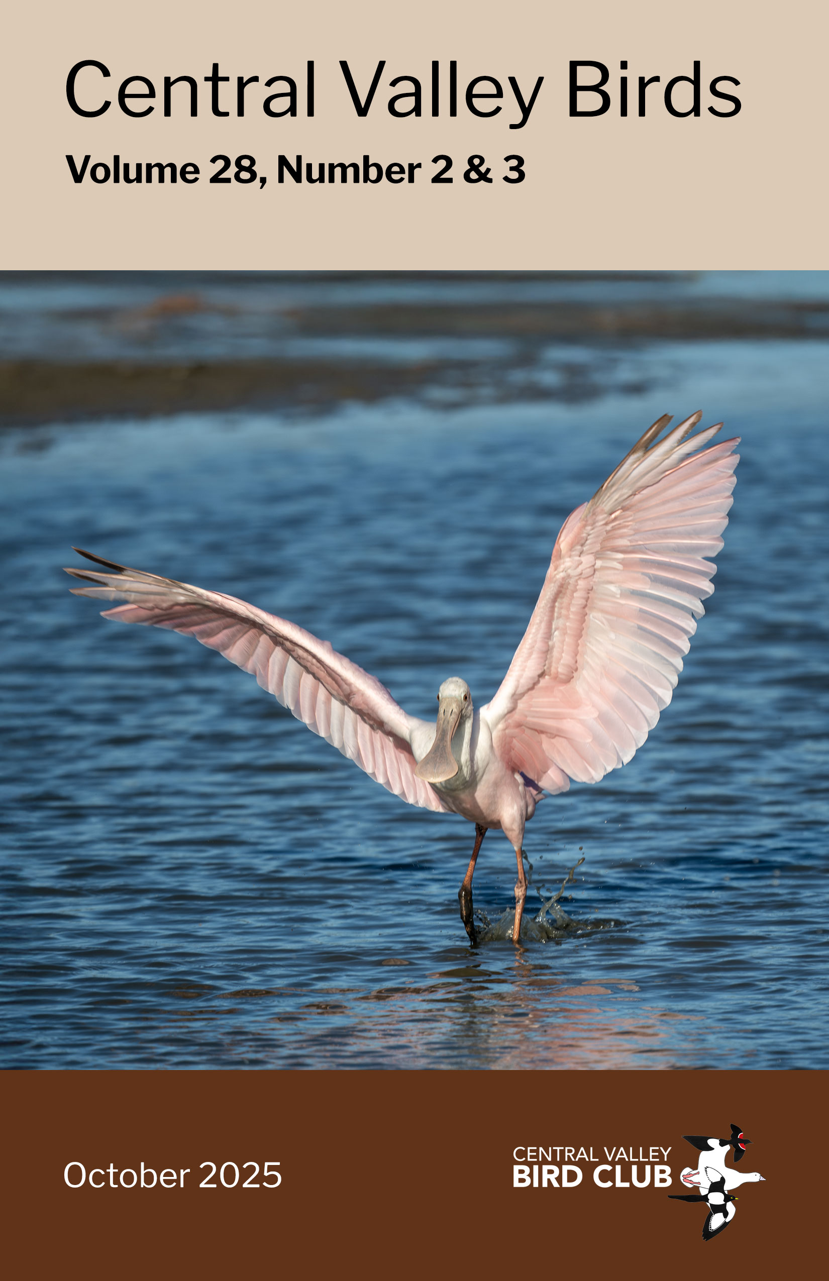 Journal cover showing a Roseate Spoonbill standing in water, wings spread